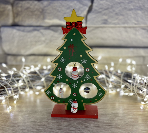 Obrázok z Kreatívny drevený vianočný stromček s ozdobami - 15 cm