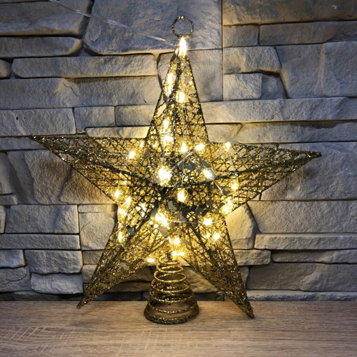 Obrázok z  LED vianočná kovová 3D hviezda na stromček - 15 cm