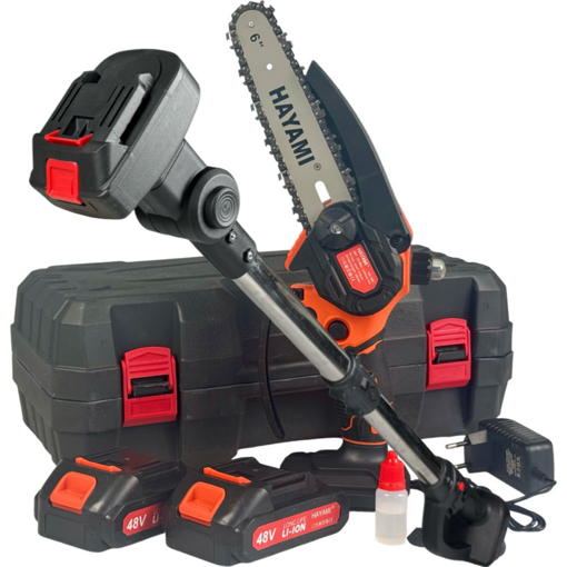 Obrázok z Aku sada Hayami 2v1 píla s automatickým mazaním, kufrom a teleskopickou tyčou - výkonná a ľahká s 2x 48V batériami pre ľahké prerezávanie stromov