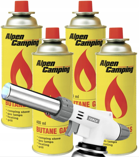 Obrázok z Plynový piezo horák na gril + 4× kartuša 400 ml – rýchle zapaľovanie uhlia, brikiet a ohňa na záhrade