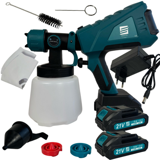 Obrázok z Aku striekacia pištoľ EUROTBL 21V – dve batérie, bohaté príslušenstvo, tri trysky – profi lakovanie, maľovanie bez námahy