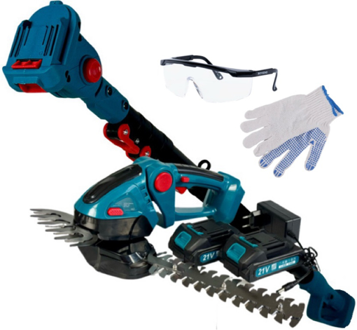 Obrázok z Teleskopické Aku nožnice 3v1 na trávu a kríky + 2 ks 21V batéria + nabíjačka + okuliare + rukavice + 2ks ostré SK5 čepele - ľahké, výkonné, univerzálne