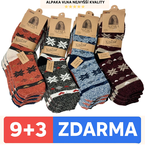 Obrázok z Dámske termo ponožky 9 + 3 páry z alpaka vlny s tradičným pleteným vzorom vločky