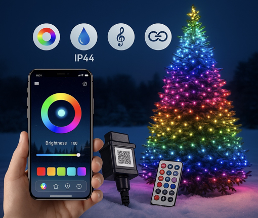 Obrázok z RGB šikovná vianočná reťaz 13 m /100 LED, IP44, prepojovacie – diaľkové ovládanie, časovač, pamäť a ovládanie mobilnou aplikáciou Surplife