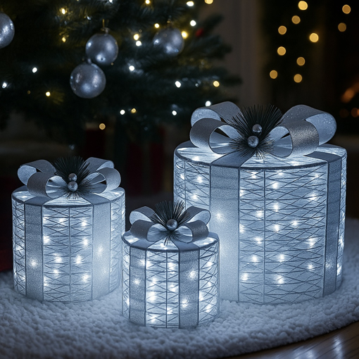 Obrázok z Vonkajšie LED oválne svietiace darčeky - sada 3 ks XL/L/M, 120 LED, IP44 - vianočné dekorácie pod stromček