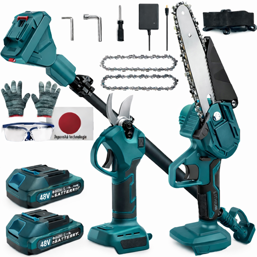 Obrázok z AKU píla na vetvy, aku nožnice na vetvy a teleskopická tyč 3v1 až 4 m – aku pílka, teleskopická píla, prerezávač vetiev + 2x batéria