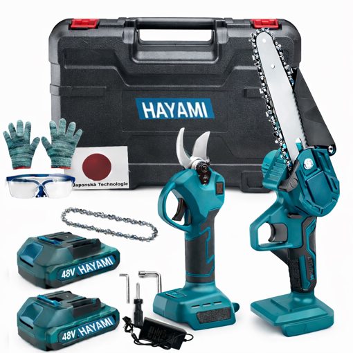 Obrázok z Aku set Hayami 2v1 pílka s automatickým mazaním + aku nožnice s LCD displejom + 2 batérie 48V + kufrík + reťaz + okuliare + rukavice + nabíjačka a príslušenstvo