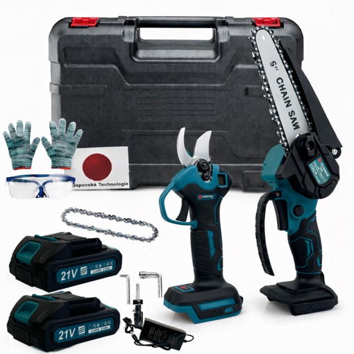 Obrázok z Aku set Eurosonic 2v1 pílka s automatickým mazaním + aku nožnice + kufrík + 2 batérie 21V + nabíjačka + okuliare + rukavice + reťaz a príslušenstvo