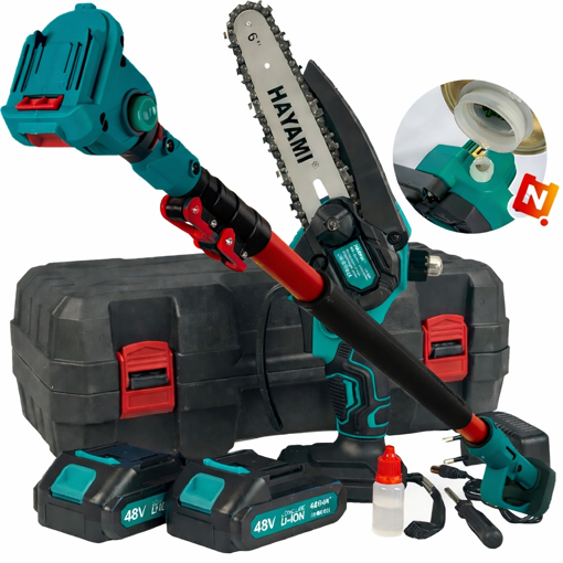 Obrázok z Aku sada Hayami 2v1 píla s automatickým mazaním, kufrom a teleskopickou tyčou - výkonná a ľahká s 2x 48V batériami pre ľahké prerezávanie stromov
