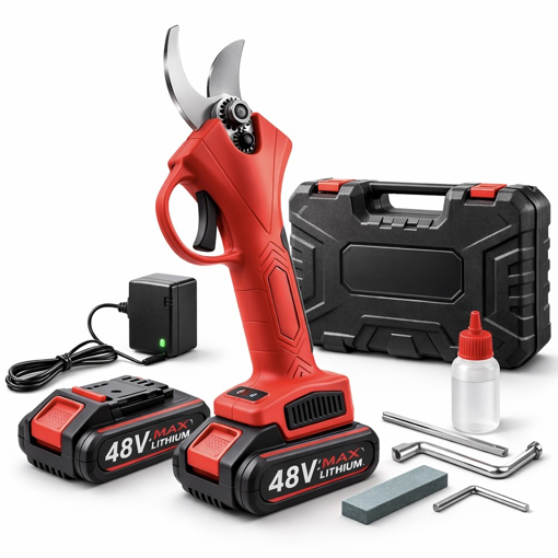 Obrázok z AKU záhradné nožnice + 2 batérie 48V + nabíjačka + kufor + čepele a príslušenstvo