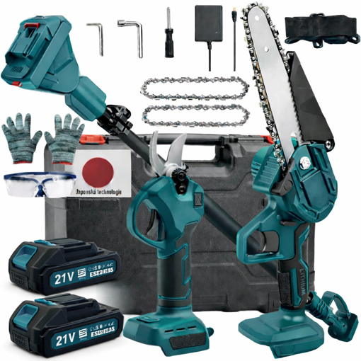 Obrázok z AKU sada 3v1 - záhradné nožnice, píla s automatickým mazaním, teleskopická tyč a kufor + 2x batéria 21V, náhradné reťaze, okuliare, rukavice, čepeľ a príslušenstvo