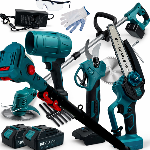 Obrázok z AKU sada 5v1 - teleskopická tyč, krovinorez, záhradné nožnice, píla s automatickým mazaním a fukár + 2x batéria, nabíjačka, 9x čepele, rukavice, okuliare a príslušenstvo