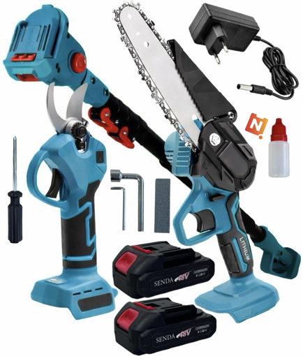 Obrázok z AKU píla na vetvy 3v1 - aku nožnice na vetvy, teleskopická tyč až 4 m + 2x batéria, aku pílka