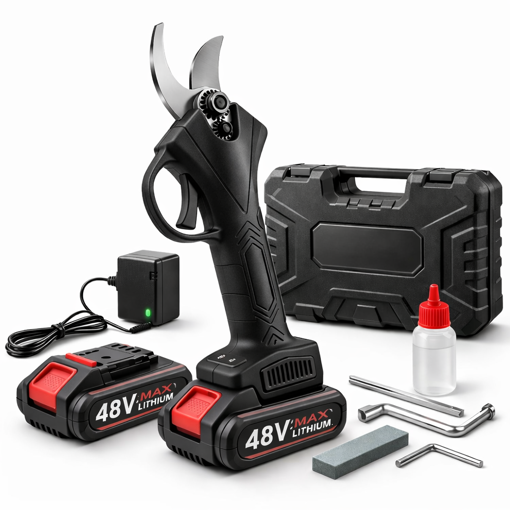 Obrázok z AKU záhradné nožnice + 2 batérie 48V + nabíjačka + kufor + čepele a príslušenstvo