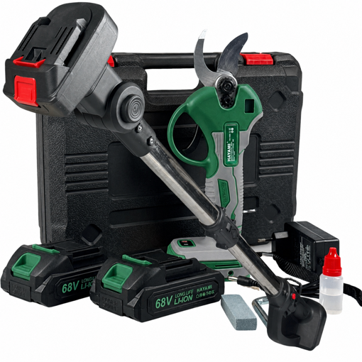 Obrázok z Aku sada 2v1 záhradné nožnice Hayami 68V s LCD displejom a 32 mm strih + teleskopická tyč, 2 batérie s príslušenstvom a kufrom - špičková japonská technológia