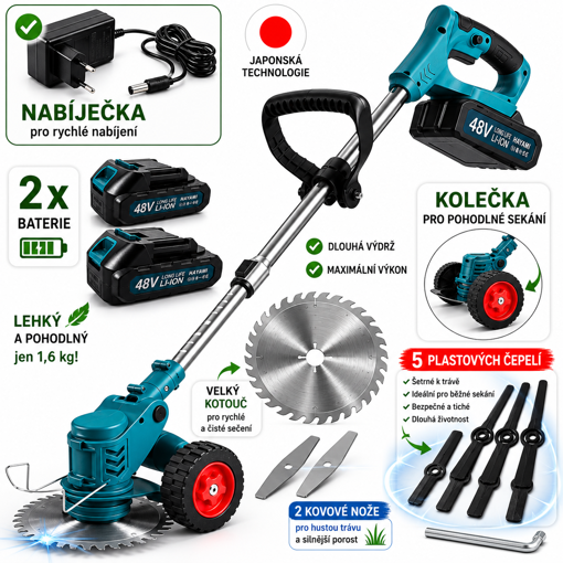 Obrázok z AKU krovinorez s kolieskami Hayami, kosačka, vyžínač 3v1 s príslušenstvom - 2x batéria 48V + 5x kosiace nože + 2x kosiace čepele + 1x kotúč