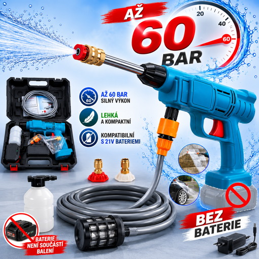 Obrázok z AKU tlaková čistiaca pištoľ 60 bar + príslušenstvo + kufor - bez akumulátora a nabíjačky