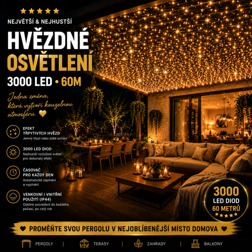 Obrázok z LED světelný řetěz 60 m – hvězdné osvětlení pergoly a zahrady | 3000 LED s třpytem hvězd | časovač