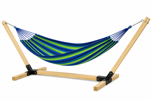 Obrázok z Hojdacia sieť s dreveným stojanom 300 × 100 cm | Nosnosť 150 kg | Pohodlný relax na záhradu a terasu