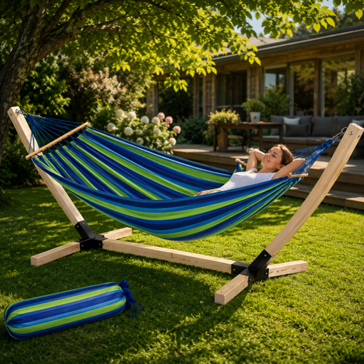 Obrázok z Hojdacia sieť s dreveným stojanom 300 × 100 cm | Nosnosť 150 kg | Pohodlný relax na záhradu a terasu