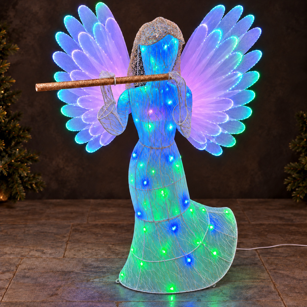 Svietiaci anjel 120 cm s modrými a zelenými tónmi multicolor svetla