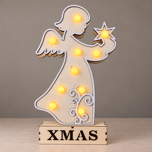 Dřevěná LED dekorace XMAS – anděl s hvězdou na světle